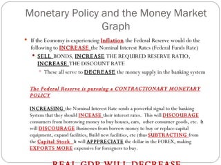 Monetary Policy and the Money Market Graph If the Economy is experiencing  Inflation  the Federal Reserve would do the following to  INCREASE  the Nominal Interest Rates (Federal Funds Rate) SELL  BONDS,  INCREASE  THE REQUIRED RESERVE RATIO,  INCREASE  THE DISCOUNT RATE These all serve to  DECREASE  the money supply in the banking system The Federal Reserve is pursuing a CONTRACTIONARY MONETARY POLICY INCREASING  the Nominal Interest Rate sends a powerful signal to the banking System that they should  INCEASE  their interest rates.  This will  DISCOURAGE  consumers from borrowing money to buy houses, cars,  other consumer goods, etc.  It will  DISCOURAGE  Businesses from borrow money to buy or replace capital equipment, expand facilities, Build new facilities, etc (thus  SUBTRACTING  from the  Capital Stock  It will  APPPRECIATE  the dollar in the FOREX, making  EXPORTS MORE   expensive for foreigners to buy. REAL GDP WILL DECREASE 