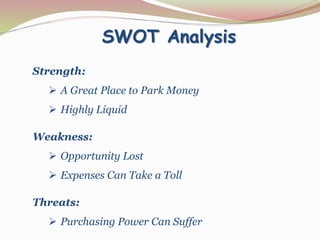 SWOT Analysis
Strength:
 A Great Place to Park Money
 Highly Liquid
Weakness:
 Opportunity Lost
 Expenses Can Take a Toll
Threats:
 Purchasing Power Can Suffer
 