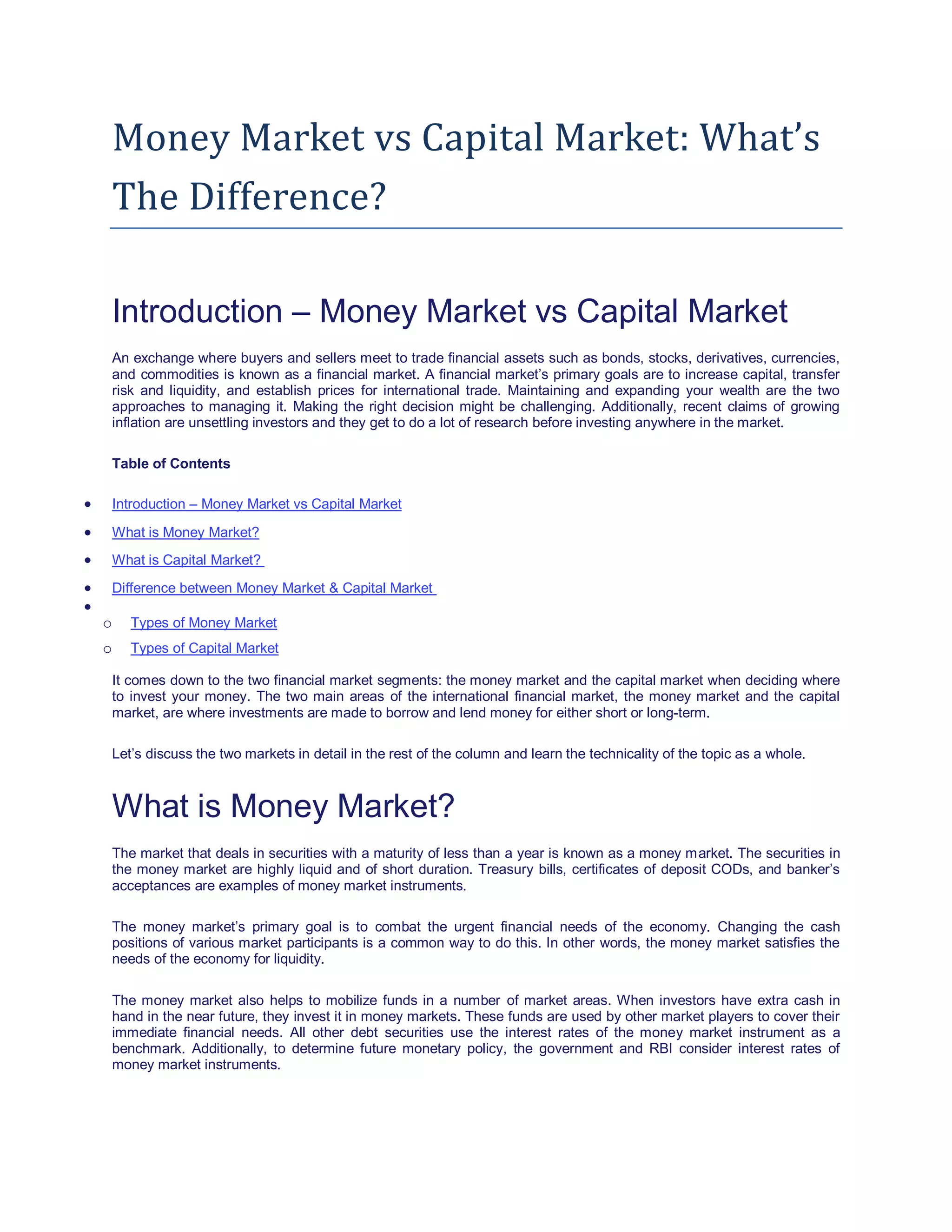 Money Market vs Capital Market | PDF
