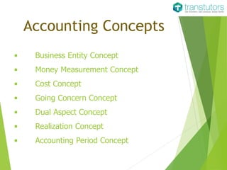 • Business Entity Concept
• Money Measurement Concept
• Cost Concept
• Going Concern Concept
• Dual Aspect Concept
• Realization Concept
• Accounting Period Concept
Accounting Concepts