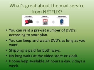 What’s great about the mail service
from NETFLIX?

• You can rent a pre-set number of DVD’s
according to your plan.
• You can keep and watch DVD’s as long as you
want.
• Shipping is paid for both ways.
• No long waits at the video store or kiosk.
• Phone help available 24 hours a day, 7 days a
week.

 