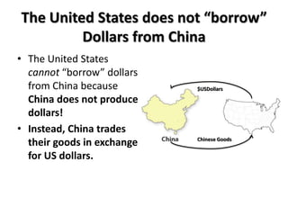 The United States does not “borrow”
         Dollars from China
• The United States
  cannot “borrow” dollars
  from China because        $USDollars

  China does not produce
  dollars!
• Instead, China trades
                            Chinese Goods
  their goods in exchange
  for US dollars.
 