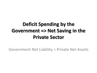 Deficit Spending by the
 Government => Net Saving in the
          Private Sector

Government Net Liability = Private Net Assets
 