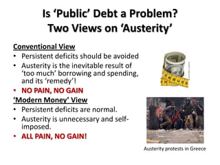 Is ‘Public’ Debt a Problem?
          Two Views on ‘Austerity’
Conventional View
• Persistent deficits should be avoided
• Austerity is the inevitable result of
  ‘too much’ borrowing and spending,
  and its ‘remedy’!
• NO PAIN, NO GAIN
‘Modern Money’ View
• Persistent deficits are normal.
• Austerity is unnecessary and self-
  imposed.
• ALL PAIN, NO GAIN!
                                          Austerity protests in Greece
 
