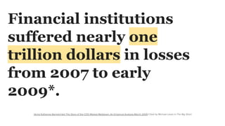 *Anna Katherine Barnett-Hart The Story of the CDO Market Meltdown: An Empirical Analysis-March 2009-Cited by Michael Lewis in The Big Short
Financial institutions
suffered nearly one
trillion dollars in losses
from 2007 to early
2009*.
 