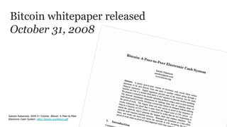 Bitcoin whitepaper released
October 31, 2008
Satoshi Nakamoto, 2008 31 October, Bitcoin: A Peer-to-Peer
Electronic Cash System, https://bitcoin.org/bitcoin.pdf
 