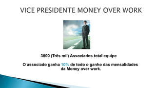 3000 (Três mil) Associados total equipe
O associado ganha 10% de todo o ganho das mensalidades
da Money over work.
 