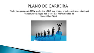 Todo franqueado da MOW marketing LTDA que chegar em determinados níveis vai
receber participação nos lucros das mensalidades da
Money Over Work
 