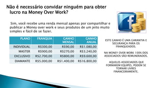Não é necessário convidar ninguém para obter
lucro na Money Over Work?
Sim, você recebe uma renda mensal apenas por compartilhar e
publicar a Money over work e seus produtos de um jeito muito
simples e fácil de se fazer.
PLANO FRANQUIA GANHO
MENSAL
GANHO
ANUAL
INDIVIDUAL R$300,00 R$90,00 R$1.080,00
MASTER R$900,00 R$270,00 R$3.240,00
EXCLUSIVO R$2.700,00 R$800,00 R$9.600,00
DIAMANTE R$5.000,00 R$1.400,00 R$16.800,00
ESTE GANHO É UMA GARANTIA E
SEGURANÇA PARA OS
FRANQUEADOS.
NA MONEY OVER WORK 100% DOS
ASSOCIADOS SÃO REMUNERADOS.
AQUELES ASSOCIADOS QUE
FORMAREM EQUIPES, PODEM SE
TORNAR LIVRES
FINANCEIRAMENTE.
 