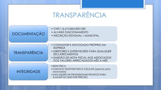 • CNPJ 16.613.854.0001/83
• ALVARÁ FUNCIONAMENTO
DOCUMENTAÇÃO
•CONTADOR E ADVOGADO PRÓPRIO NA EMPRESA
•DIRETORES E SUPERVISORES PARA QUALQUER ESCLARECIMENTOS
•EMISSÃO DE NOTA FISCAL AOS ASSOCIADOS DOS VALORES
ARRECADADOS MÊS A MÊS
TRANSPARÊNCIA
•SEDE FÍSICA
•HAVERÁ UM CHAT ONLINE PARA ATENDIMENTO AO ASSOCIADO
•UMA EQUIPE DE PROFISSIONAIS PRONTOS PARA AJUDAR NO QUE FOR
PRECISO
INTEGRIDADE
 