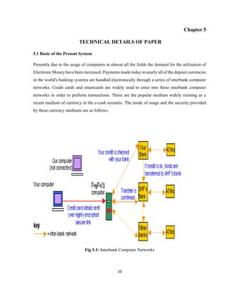 10
Chapter 5
TECHNICAL DETAILS OF PAPER
5.1 Basic of the Present System
Presently due to the usage of computers in almost all the fields the demand for the utilization of
Electronic Money have been increased. Payments made today in nearly all of the deposit currencies
in the world's banking systems are handled electronically through a series of interbank computer
networks. Credit cards and smartcards are widely used to enter into these interbank computer
networks in order to perform transactions. These are the popular medium widely existing as a
recent medium of currency in the e-cash scenario. The mode of usage and the security provided
by these currency mediums are as follows.
Fig 5.1: Interbank Computer Networks
 