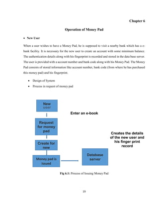 19
Chapter 6
Operation of Money Pad
 New User
When a user wishes to have a Money Pad, he is supposed to visit a nearby bank which has a e-
bank facility. It is necessary for the new user to create an account with some minimum balance.
The authentication details along with his fingerprint is recorded and stored in the data base server.
The user is provided with a account number and bank code along with his Money Pad. The Money
Pad consists of stored information like account number, bank code (from where he has purchased
this money pad) and his fingerprint.
 Design of System
 Process in request of money pad
Fig 6.1: Process of Issuing Money Pad
New
user
Request
for money
pad
Create for
new
account
Money pad is
issued
Database
server
Enter an e-book
Creates the details
of the new user and
his finger print
record
 