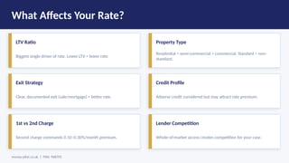 What Affects Your Rate?
LTV Ratio
Biggest single driver of rate. Lower LTV = lower rate.
Property Type
Residential > semi-commercial > commercial. Standard > non-
standard.
Exit Strategy
Clear, documented exit (sale/mortgage) = better rate.
Credit Profile
Adverse credit considered but may attract rate premium.
1st vs 2nd Charge
Second charge commands 0.10–0.30%/month premium.
Lender Competition
Whole-of-market access creates competition for your case.
money-pilot.co.uk | FRN: 968705
 