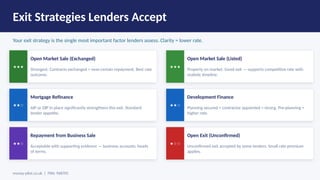 Exit Strategies Lenders Accept
Your exit strategy is the single most important factor lenders assess. Clarity = lower rate.
★★★
Open Market Sale (Exchanged)
Strongest. Contracts exchanged = near-certain repayment. Best rate
outcome.
★★★
Open Market Sale (Listed)
Property on market. Good exit — supports competitive rate with
realistic timeline.
★★☆
Mortgage Refinance
AIP or DIP in place significantly strengthens this exit. Standard
lender appetite.
★★☆
Development Finance
Planning secured + contractor appointed = strong. Pre-planning =
higher rate.
★★☆
Repayment from Business Sale
Acceptable with supporting evidence — business accounts, heads
of terms.
★☆☆
Open Exit (Unconfirmed)
Unconfirmed exit accepted by some lenders. Small rate premium
applies.
money-pilot.co.uk | FRN: 968705
 