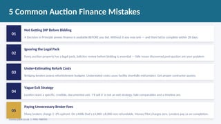 5 Common Auction Finance Mistakes
01
Not Getting DIP Before Bidding
A Decision in Principle proves finance is available BEFORE you bid. Without it you may win — and then fail to complete within 28 days.
02
Ignoring the Legal Pack
Every auction property has a legal pack. Solicitor review before bidding is essential — title issues discovered post-auction are your problem.
03
Under-Estimating Refurb Costs
Bridging lenders assess refurbishment budgets. Understated costs cause facility shortfalls mid-project. Get proper contractor quotes.
04
Vague Exit Strategy
Lenders want a specific, credible, documented exit. 'I'll sell it' is not an exit strategy. Sale comparables and a timeline are.
05
Paying Unnecessary Broker Fees
Many brokers charge 1–2% upfront. On £400k that's £4,000–£8,000 non-refundable. Money Pilot charges zero. Lenders pay us on completion.
money-pilot.co.uk | FRN: 968705
 