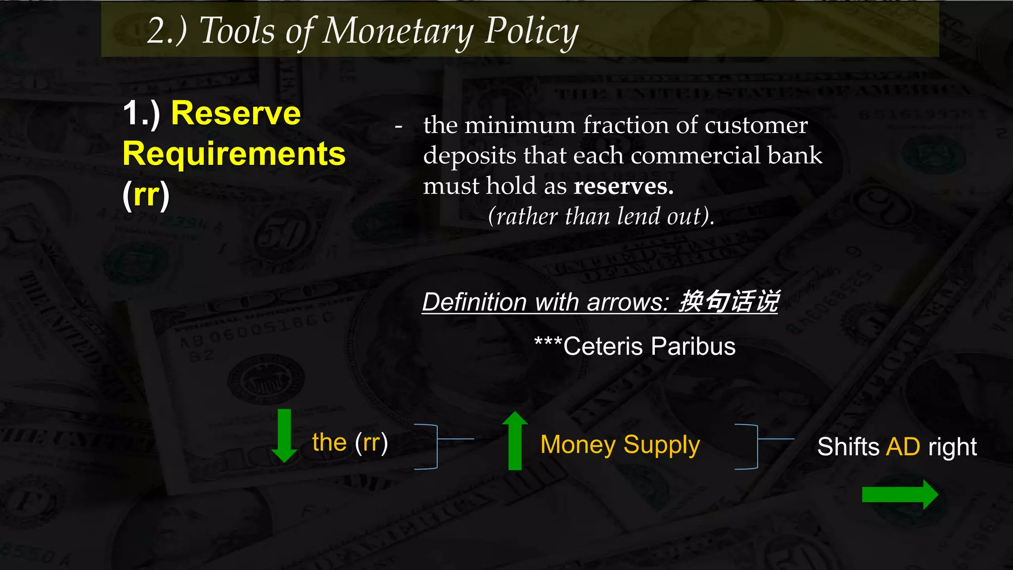 1.) Reserve
Requirements
(rr)
- the minimum fraction of customer
deposits that each commercial bank
must hold as reserves.
(rather than lend out).
Definition with arrows: 换句话说
***Ceteris Paribus
the (rr)
2.) Tools of Monetary Policy
Money Supply Shifts AD right
 