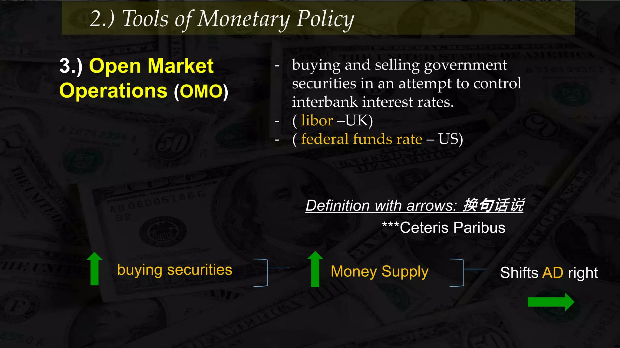 3.) Open Market
Operations (OMO)
buying securities
- buying and selling government
securities in an attempt to control
interbank interest rates.
- ( libor –UK)
- ( federal funds rate – US)
2.) Tools of Monetary Policy
Definition with arrows: 换句话说
***Ceteris Paribus
Money Supply Shifts AD right
 