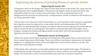 Explaining the process of printing Money in specific details
Engraving the master die
1) Engravers hand cut the design into a piece of soft steel, known as the master die, using very fine
engraving tools and a magnifying glass. The portrait and images consist of numerous lines, dots,
and dashes which are cut in various sizes and shapes. The fine crosshatched lines in the
background of the portrait are produced by a ruling machine, and the scrollwork in the borders are
cut using a geometric lathe.
2) Every time a new Treasurer of the United States or a new Secretary of the Treasury is appointed,
their signatures must be engraved on a new master die for each denomination bill. First the
signatures are photographically enlarged. An engraver then traces the signatures by hand with one
end of a device known as a pantograph. This motion is mechanically reduced through a set of
linkages, causing several diamond-tipped needles on the other end of the pantograph to cut the
signatures into the master dies.
Making the master printing plate
3) Once the master die has been inspected, it is heated and a thin plastic sheet is pressed into it to
form a raised impression of the design. Thirty-two of these raised plastic impressions are bonded
together in a configuration of four across and eight down to form what is known as an alto. The
master die is then placed in storage.
4 )The plastic alto is placed in an electrolytic plating tank and is plated with copper. The plastic is
stripped away leaving a thin plate of metal, known as a basso, with 32 recessed impressions of the
design. The metal basso is then cleaned, polished, and inspected. If it passes inspection.
 