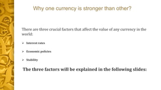 Why one currency is stronger than other?
There are three crucial factors that affect the value of any currency in the
world:
 Interest rates
 Economic policies
 Stability
The three factors will be explained in the following slides:
 