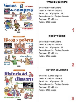 VAMOS DE COMPRAS 
Editorial: Everest España 
ISBN: 978-84-441-4904-2 
Edad: >6 Nº páginas: 32 
Encuadernación: Rústica fresado 
Formato: 23 x 25 cm. 
Precio: $120 pesos 
RICOS Y POBRES 
Editorial: Everest España 
ISBN: 978-84-441-4905-9 
Edad: >6 Nº páginas: 32 
Encuadernación: Rústica fresado 
Formato: 23 x 25 cm. 
Precio: $120 pesos 
HISTORIADEL DINERO 
Editorial: Everest España 
ISBN: 978-84-441-4906-6 
Edad: >6 Nº páginas: 32 
Encuadernación: Rústica fresado 
Formato: 23 x 25 cm. 
Precio: $120 pesos  