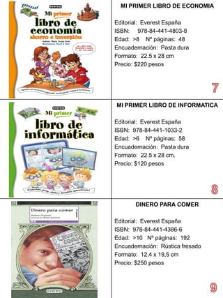MI PRIMERLIBRO DE ECONOMIA 
Editorial: Everest España 
ISBN: 978-84-441-4803-8 
Edad: >8 Nº páginas: 48 
Encuadernación: Pastadura 
Formato: 22.5 x 28 cm 
Precio: $220 pesos 
MI PRIMER LIBRO DE INFORMATICA 
Editorial: Everest España 
ISBN: 978-84-441-1033-2 
Edad: >6 Nº páginas: 58 
Encuadernación: Pastadura 
Formato: 22.5 x 28 cm. 
Precio:$120 pesos 
DINEROPARA COMER 
Editorial: Everest España 
ISBN: 978-84-441-4386-6 
Edad: >10 Nº páginas: 192 
Encuadernación: Rústica fresado 
Formato: 12,4 x 19,5 cm 
Precio:$250 pesos  