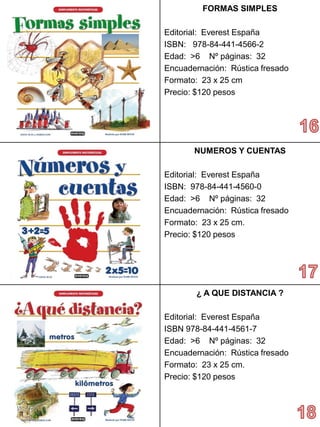 FORMAS SIMPLES 
Editorial: Everest España 
ISBN: 978-84-441-4566-2 
Edad: >6 Nº páginas: 32 
Encuadernación: Rústica fresado 
Formato: 23 x 25 cm 
Precio: $120 pesos 
NUMEROS Y CUENTAS 
Editorial: Everest España 
ISBN: 978-84-441-4560-0 
Edad: >6 Nº páginas: 32 
Encuadernación: Rústica fresado 
Formato: 23 x 25 cm. 
Precio:$120 pesos 
¿ A QUE DISTANCIA? 
Editorial: Everest España 
ISBN 978-84-441-4561-7 
Edad: >6 Nº páginas: 32 
Encuadernación: Rústica fresado 
Formato: 23 x 25 cm. 
Precio:$120 pesos  