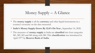 Money Supply – A Glance
• The money supply is all the currency and other liquid instruments in a
country's economy on the date measured.
• India's Money Supply Grows By 12.6% On Year , September 14, 2020.
• The measures of money supply in India are classified into four categories
M1, M2, M3 and M4 along with M0. This classification was introduced in
April 1977 by Reserve Bank of India.
 