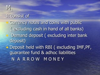 M 1 It consist of  Currency notes and coins with public  ( excluding cash in hand of all banks) Demand deposit ( excluding inter bank deposit) Deposit held with RBI ( excluding IMF,PF, guarantee fund & adhoc liabilities N  A  R R O W  M O N E Y 