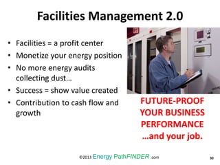 Facilities Management 2.0
• Facilities = a profit center
• Monetize your energy position
• No more energy audits
collecting dust…
• Success = show value created
• Contribution to cash flow and
growth
FUTURE-PROOF
YOUR BUSINESS
PERFORMANCE
…and your job.
30©2013 Energy PathFINDER .com
 