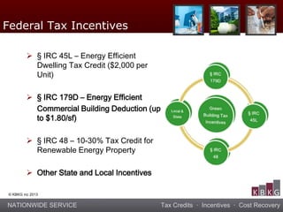 NATIONWIDE SERVICE Tax Credits · Incentives · Cost Recovery
© KBKG inc 2013
 § IRC 45L – Energy Efficient
Dwelling Tax Credit ($2,000 per
Unit)
 § IRC 179D – Energy Efficient
Commercial Building Deduction (up
to $1.80/sf)
 § IRC 48 – 10-30% Tax Credit for
Renewable Energy Property
 Other State and Local Incentives
Federal Tax Incentives
 