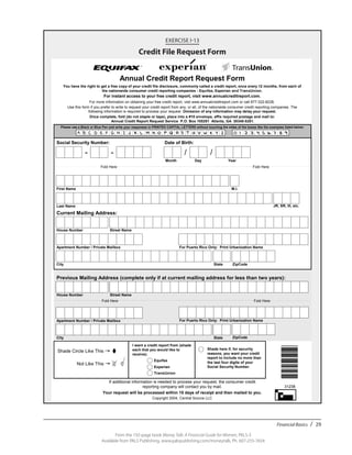 Financial Basics / 29
From the 192-page book Money Talk: A Financial Guide for Women, PALS-3
Available from PALS Publishing, www.palspublishing.com/moneytalk, Ph. 607-255-7654
You have the right to get a free copy of your credit file disclosure, commonly called a credit report, once every 12 months, from each of
the nationwide consumer credit reporting companies - Equifax, Experian and TransUnion.
For instant access to your free credit report, visit www.annualcreditreport.com.
For more information on obtaining your free credit report, visit www.annualcreditreport.com or call 877-322-8228.
Use this form if you prefer to write to request your credit report from any, or all, of the nationwide consumer credit reporting companies. The
following information is required to process your request. Omission of any information may delay your request.
If additional information is needed to process your request, the consumer credit
reporting company will contact you by mail.
Your request will be processed within 15 days of receipt and then mailed to you.
Annual Credit Report Request Form
Once complete, fold (do not staple or tape), place into a #10 envelope, affix required postage and mail to:
Annual Credit Report Request Service P.O. Box 105281 Atlanta, GA 30348-5281.
Copyright 2004, Central Source LLC
Equifax
Experian
TransUnion
I want a credit report from (shade
each that you would like to
receive):
Shade here if, for security
reasons, you want your credit
report to include no more than
the last four digits of your
Social Security Number.
Shade Circle Like This >
Not Like This >
Social Security Number:
- -
Date of Birth:
/ /
Month Day Year
First Name M.I.
Last Name JR, SR, III, etc.
Current Mailing Address:
House Number Street Name
City State ZipCode
ZipCodeStateCity
Apartment Number / Private Mailbox For Puerto Rico Only: Print Urbanization Name
Street NameHouse Number
Previous Mailing Address (complete only if at current mailing address for less than two years):
Fold HereFold Here
Fold HereFold Here
Please use a Black or Blue Pen and write your responses in PRINTED CAPITAL LETTERS without touching the sides of the boxes like the examples listed below:
For Puerto Rico Only: Print Urbanization NameApartment Number / Private Mailbox
31238
EXERCISE I-13
Credit File Request Form
 