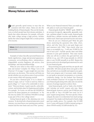 6 / MONEY TALK: A Financial Guide For Women
From the 192-page book Money Talk: A Financial Guide for Women, PALS-3
Available from PALS Publishing, www.palspublishing.com/moneytalk, Ph. 607-255-7654
LESSON 2
Money Values and Goals
People generally spend money in ways that are
consistent with their values. Values are also the
building blocks of financial goals. They are the founda-
tions on which people base their dreams and plans. A
family that values education, for example, will prob-
ably make college savings a high priority. Another
family that values religion might tithe a certain portion
of its income.
Values. Beliefs about what is important in a
person’s life.
Examples of values that affect personal finances are
family togetherness, image and personal appearance,
community service/helping others, independence,
religion/faith, security, happiness, job success, close
friend­ships, and education/knowledge.
What are your values as they relate to your use of
time and money? Complete Ten Things I Love to Do
(Exercise I-3) on page 7 to gain insight into your time
and money use decisions. This exercise will help you
decide whether you can refocus some of your activities
to save money while still enjoying yourself.
Do you have a financial goal, or is it a dream? A
dream is vague, such as “I want to send my child to a
good college,” or “I want to be comfortable in retire-
ment.” These are dreams. A goal is specific, achievable,
written, and includes dates for beginning and ending.
For example, “In 4 years, we will save the $20,000 we
need for the down payment on a town­house,” or “By
the time my child is 18, I will have $40,000 in savings
to pay part of his or her college tuition.”
Setting financial goals is like planning your next
vacation. To develop both a financial plan and a travel
itinerary, you must know your starting point and des-
tination and the time frame and cost of the “journey.”
What is your financial itinerary? Have you made spe-
cific plans to reach your financial goals?
Financial goals should be “SMART” goals. SMART is
an acronym for specific, measurable, attainable, real-
istic, and time-related. In other words, financial goals
should have a definite outcome and deadline and be
within reach, based upon personal income and assets.
How do you set a financial goal? Write the goal
down, answering the questions who, what, when,
where, and why. Since this is your goal, begin your
goal statement with “I/We.” State exactly what you
want to accomplish (e.g., “I will save $5,000 by the
end of next year”). Include specific dates and dollar
amounts in your goal statement. Then state exactly
what you will do to achieve the goal and how you
will do it (e.g., save 10% of pay annually in a 401(k)
plan or save $2,000 annually in an IRA). Repeat this
process until you’ve developed goal statements for each
of your financial goals.
Keep rewriting your goals until they are specific and
achievable. Tell select people about your goals so that
they can hold you accountable and support your goals.
Track your progress and, if necessary, make changes
to your goals as personal circumstances or economic
conditions change. Use the Evaluate Your Financial
Goals worksheet (Exercise I-4) on page 8 to describe
your financial goals along with a date and cost and the
amount of savings required to achieve them.
Some financial goals, such as “make a list of debts”
and “calculate net worth” require only time. Many
financial goals, however, such as “put $3,000 per year
into an IRA” or “buy a $15,000 ‘new used’ car in 5
years” require saving money. The more specific a finan-
cial goal, the easier it is to determine how much savings
is required. You simply work backward to break a large
goal into smaller pieces. For example, that $15,000
car in 5 years will require $3,000 in annual savings or
about $58.00 weekly ($3,000 divided by 52).
 