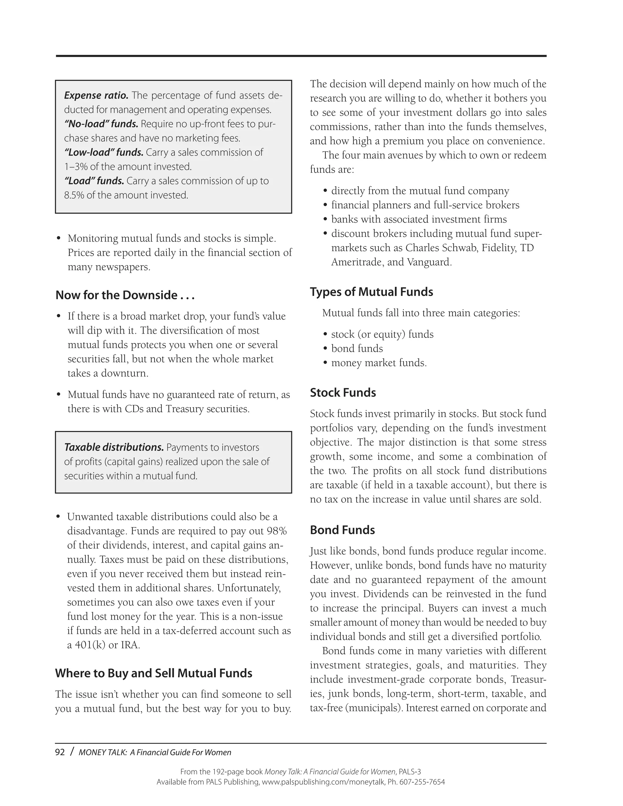 92 / MONEY TALK: A Financial Guide For Women
From the 192-page book Money Talk: A Financial Guide for Women, PALS-3
Available from PALS Publishing, www.palspublishing.com/moneytalk, Ph. 607-255-7654
•	 Monitoring mutual funds and stocks is simple.
Prices are reported daily in the financial section of
many newspapers.
Now for the Downside . . .
•	 If there is a broad market drop, your fund’s value
will dip with it. The diversification of most
mutual funds protects you when one or several
securities fall, but not when the whole market
takes a downturn.
•	 Mutual funds have no guaranteed rate of return, as
there is with CDs and Treasury securities.
The decision will depend mainly on how much of the
research you are willing to do, whether it bothers you
to see some of your investment dollars go into sales
commissions, rather than into the funds themselves,
and how high a premium you place on convenience.
The four main avenues by which to own or redeem
funds are:
•	directly from the mutual fund company
•	financial planners and full-service brokers
•	banks with associated investment firms
•	discount brokers including mutual fund super-
markets such as Charles Schwab, Fidelity, TD
Ameritrade, and Vanguard.
Types of Mutual Funds
Mutual funds fall into three main categories:
•	stock (or equity) funds
•	bond funds
•	money market funds.
Stock Funds
Stock funds invest primarily in stocks. But stock fund
portfolios vary, depending on the fund’s investment
objective. The major distinction is that some stress
growth, some income, and some a combination of
the two. The profits on all stock fund distributions
are taxable (if held in a taxable account), but there is
no tax on the increase in value until shares are sold.
Bond Funds
Just like bonds, bond funds produce regular income.
However, unlike bonds, bond funds have no maturity
date and no guaranteed repayment of the amount
you invest. Dividends can be reinvested in the fund
to increase the principal. Buyers can invest a much
smaller amount of money than would be needed to buy
individual bonds and still get a diversified portfolio.
Bond funds come in many varieties with different
investment strategies, goals, and maturities. They
include investment-grade corporate bonds, Treasur-
ies, junk bonds, long-term, short-term, taxable, and
tax-free (municipals). Interest earned on corporate and
Taxable distributions. Payments to investors
of profits (capital gains) realized upon the sale of
securities within a mutual fund.
•	 Unwanted taxable distributions could also be a
disadvantage. Funds are required to pay out 98%
of their dividends, interest, and capital gains an-
nually. Taxes must be paid on these distributions,
even if you never received them but instead rein-
vested them in additional shares. Unfortunately,
sometimes you can also owe taxes even if your
fund lost money for the year. This is a non-issue
if funds are held in a tax-deferred account such as
a 401(k) or IRA.
Where to Buy and Sell Mutual Funds
The issue isn’t whether you can find someone to sell
you a mutual fund, but the best way for you to buy.
Expense ratio. The percentage of fund assets de-
ducted for management and operating expenses.
“No-load” funds. Require no up-front fees to pur-
chase shares and have no marketing fees.
“Low-load” funds. Carry a sales commission of
1–3% of the amount invested.
“Load” funds. Carry a sales commission of up to
8.5% of the amount invested.
 