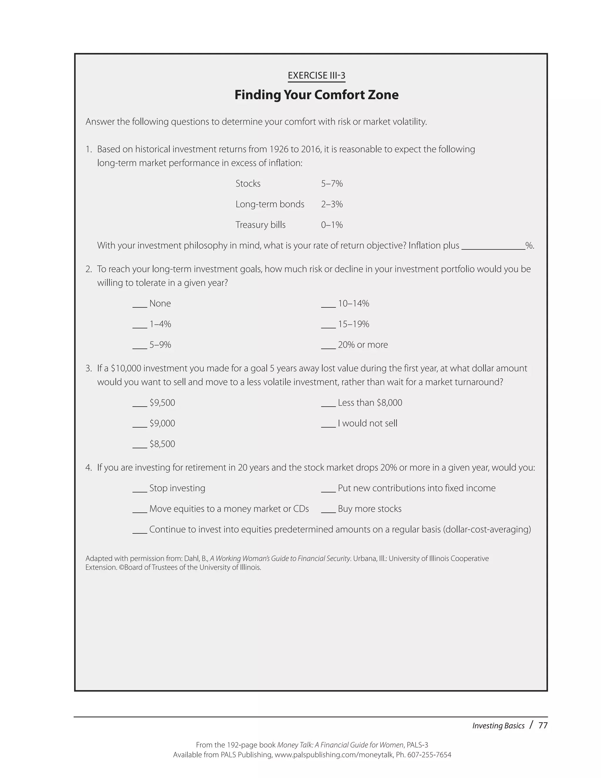 Investing Basics / 77
From the 192-page book Money Talk: A Financial Guide for Women, PALS-3
Available from PALS Publishing, www.palspublishing.com/moneytalk, Ph. 607-255-7654
EXERCISE III-3
Finding Your Comfort Zone
Answer the following questions to determine your comfort with risk or market volatility.
1.	 Based on historical investment returns from 1926 to 2016, it is reasonable to expect the following
long-term market performance in excess of inflation:
			 Stocks	 5–7%
			 Long-term bonds	 2–3%
			 Treasury bills	 0–1%
	 With your investment philosophy in mind, what is your rate of return objective? Inflation plus _____________%.
2.	 To reach your long-term investment goals, how much risk or decline in your investment portfolio would you be
willing to tolerate in a given year?
		 ___ None	 ___ 10–14%
		 ___ 1–4%	 ___ 15–19%
		 ___ 5–9%	 ___ 20% or more
3.	 If a $10,000 investment you made for a goal 5 years away lost value during the first year, at what dollar amount
would you want to sell and move to a less volatile investment, rather than wait for a market turnaround?
		 ___ $9,500	 ___ Less than $8,000
		 ___ $9,000	 ___ I would not sell
		 ___ $8,500
4.	 If you are investing for retirement in 20 years and the stock market drops 20% or more in a given year, would you:
		 ___ Stop investing	 ___ Put new contributions into fixed income
		 ___ Move equities to a money market or CDs	 ___ Buy more stocks
		 ___ Continue to invest into equities predetermined amounts on a regular basis (dollar-cost-averaging)
Adapted with permission from: Dahl, B., A Working Woman’s Guide to Financial Security. Urbana, Ill.: University of Illinois Cooperative
Extension. ©Board of Trustees of the University of Illinois.
 