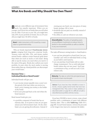 Investing Basics / 87
From the 192-page book Money Talk: A Financial Guide for Women, PALS-3
Available from PALS Publishing, www.palspublishing.com/moneytalk, Ph. 607-255-7654
LESSON 5
What Are Bonds and Why Should You Own Them?
Bonds are a very different type of investment from
stock, but equally important. When you are
younger, you’ll focus less on bonds than you will when
you are older. If you are in your 30s, you might have
only 20% of your portfolio in bonds, but as a 65 year-
old you might have 50–60% in bonds.
Bond. A debt instrument or IOU issued by a corpo-
ration or government entity.
Why are bonds important? Fixed-income invest-
ments—ranging from long-term corporate bonds,
Treasury notes and bills, CDs, and money market
mutual funds—address certain financial goals better
than others do (such as stocks or real estate). Being
able to tap the money you need when you need it is
the name of the game. Bonds also cushion your stock
portfolio. In years when the stock market is moving
down rather than up, a bond portfolio can often temper
your overall losses.
Decision Time—
Individual Bonds or Bond Funds?
Individual bonds will give you:
•	a set income stream (payable twice a year) over
the period of the loan (when you invest in a
bond, you’re loaning your money to the holder
of the bond).
•	all of your principal back at the end (when the
bond matures).
Bond mutual funds give you:
•	a portfolio composed of bonds that has no
maturity date. At no point in time are you guar-
anteed your full investment back. On the other
hand, you are getting diversification. Instead of
owning just one bond, you own pieces of many
bonds, perhaps 100 or more.
•	dividends that are paid out monthly instead of
semiannually.
•	the ability to cash out whenever you want.
Diversification. The policy of spreading assets
among different investments to reduce risk of a
decline in the overall portfolio as well as a decline
in any one investment.
The trade-off between owning bonds vs. bond funds is:
•	you can lose principal in a bond fund, but you
(usually) can’t with an individual bond, as long
as you hold it until maturity.
•	you can purchase bond funds with no sales
charge (commission). Not so with individual
bonds (unless they are new issue). You’ll pay
a commission to buy, as well as to sell, if you
redeem early.
Maturity. The date on which the principal amount
of a bond or loan must be paid.
Advice: If you have less than $50,000 to invest in
bonds, choose quality bond funds that have low
management fees. They come in many varieties, as
described earlier on page 80. It is difficult to build a
diversified bond portfolio with less money.
If you have $50,000 or more to invest, create a bond
portfolio with a combination of assets with different
maturity dates. This is called laddering (Table III-5,
page 88). As each bond matures, reinvest the proceeds
at the longest time interval to maintain the ladder.
 