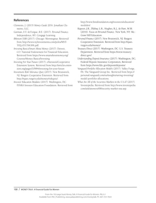 100 / MONEY TALK: A Financial Guide For Women
From the 192-page book Money Talk: A Financial Guide for Women, PALS-3
Available from PALS Publishing, www.palspublishing.com/moneytalk, Ph. 607-255-7654
References
Clements, J. (2015) Money Guide 2016. Jonathan Cle-
ments, LLC.
Garman, E.T. & Forgue, R.E. (2017). Personal Finance.
Independence, KY: Cengage Learning.
Ibbotson SSBI (2017). Chicago: Morningstar. Retrieved
from http://www.nylinvestments.com/polos/MST-
T02j-031766306.pdf.
Investing Basics/Smart About Money (2017). Denver,
CO: National Endowment for Financial Education.
Retrieved from https://www.smartaboutmoney.org/
Courses/Money-Basics/Investing.
Investing For Your Future (2017). eXtension/Cooperative
Extension System. Retrieved from http://articles.exten-
sion.org/pages/10984/investing-for-your-future.
Investment Risk Tolerance Quiz (2017). New Brunswick,
NJ: Rutgers Cooperative Extension. Retrieved from
http://njaes.rutgers.edu/money/riskquiz/.
Investor Education Modules (2017). Washington, DC:
FINRA Investor Education Foundation. Retrieved from
http://www.finrafoundation.org/resources/education/
modules/.
Kapoor, J.R., Dlabay, L.R., Hughes, R.J., & Hart, M.M.
(2016). Focus on Personal Finance. New York, NY: Mc-
Graw Hill Education.
Personal Finance (2017). New Brunswick, NJ: Rutgers
Cooperative Extension. Retrieved from http://njaes.
rutgers.edu/money/.
Treasury Direct (2017). Washington, DC: U.S. Treasury
Department. Retrieved from https://www.treasury-
direct.gov/.
Understanding Deposit Insurance (2017): Washington, DC;
Federal Deposit Insurance Corporation, Retrieved
from https://www.fdic.gov/deposit/deposits/.
Vanguard Portfolio Allocation Models (2017). Valley Forge,
PA: The Vanguard Group Inc. Retrieved from https://
personal.vanguard.com/us/insights/saving-investing/
model-portfolio-allocations.
What Are All of the Securities Markets in the U.S.A? (2017).
Investopedia. Retrieved from http://www.investopedia.
com/ask/answers/08/security-market-usa.asp.
 