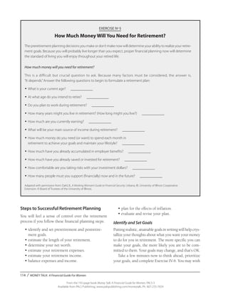 114 / MONEY TALK: A Financial Guide For Women
From the 192-page book Money Talk: A Financial Guide for Women, PALS-3
Available from PALS Publishing, www.palspublishing.com/moneytalk, Ph. 607-255-7654
Steps to Successful Retirement Planning
You will feel a sense of control over the retirement
process if you follow these financial planning steps:
•	identify and set preretirement and postretire-
ment goals.
•	estimate the length of your retirement.
•	determine your net worth.
•	estimate your retirement expenses.
•	estimate your retirement income.
•	balance expenses and income.
EXERCISE IV-5
How Much Money Will You Need for Retirement?
The preretirement planning decisions you make or don’t make now will determine your ability to realize your retire-
ment goals. Because you will probably live longer than you expect, proper financial planning now will determine
the standard of living you will enjoy throughout your retired life.
How much money will you need for retirement?
This is a difficult but crucial question to ask. Because many factors must be considered, the answer is,
“It depends.”Answer the following questions to begin to formulate a retirement plan:
•	What is your current age? ____________
•	At what age do you intend to retire? ____________
•	Do you plan to work during retirement? ____________
•	How many years might you live in retirement? (How long might you live?) ____________
•	How much are you currently earning? ____________
•	What will be your main source of income during retirement? ____________
•	How much money do you need (or want) to spend each month in
retirement to achieve your goals and maintain your lifestyle? ____________
•	How much have you already accumulated in employer benefits? ____________
•	How much have you already saved or invested for retirement? ____________
•	How comfortable are you taking risks with your investment dollars? ____________
•	How many people must you support (financially) now and in the future? ____________
Adapted with permission from: Dahl, B., A Working Woman’s Guide to Financial Security. Urbana, Ill.: University of Illinois Cooperative
Extension. © Board of Trustees of the University of Illinois.
•	plan for the effects of inflation.
•	evaluate and revise your plan.
Identify and Set Goals
Puttingrealistic,attainablegoalsinwritingwillhelpcrys-
tallize your thoughts about what you want your money
to do for you in retirement. The more specific you can
make your goals, the more likely you are to be com-
mitted to them. Your goals may change, and that’s OK.
Take a few minutes now to think ahead, prioritize
your goals, and complete Exercise IV-6. You may wish
 
