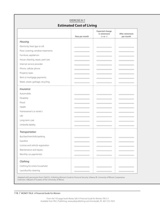 118 / MONEY TALK: A Financial Guide For Women
From the 192-page book Money Talk: A Financial Guide for Women, PALS-3
Available from PALS Publishing, www.palspublishing.com/moneytalk, Ph. 607-255-7654
Adapted with permission from: Dahl, B., A Working Woman’s Guide to Financial Security. Urbana, Ill.: University of Illinois Cooperative
Extension. ©Board of Trustees of the University of Illinois.
EXERCISE IV-7
Estimated Cost of Living
	 	 Expected change
		 in retirement 	 After retirement
	 Now per month	 (+ or –)	 per month
Housing
Electricity, heat (gas or oil)	 _____________	 _____________	 _____________
Floor covering, window treatments	 _____________	 _____________	 _____________
Furniture, appliances	 _____________	_____________	_____________
House cleaning, repair, yard care	 _____________	 _____________	 _____________
Internet service provider	 _____________	 _____________	 _____________
Phone, cellular phone	 _____________	 _____________	 _____________
Property taxes	 _____________	_____________	_____________
Rent or mortgage payments	 _____________	 _____________	 _____________
Water, sewer, garbage, recycling	 _____________	 _____________	 _____________
Insurance
Automobile	 _____________	_____________	_____________
Disability	 _____________	_____________	_____________
Flood	 _____________	_____________	_____________
Health	 _____________	_____________	_____________
Homeowner’s or renter’s	 _____________	 _____________	 _____________
Life	 _____________	_____________	_____________
Long-term care	 _____________	_____________	_____________
Umbrella liability	 _____________	_____________	_____________
Transportation
Bus/taxi/train/tolls/parking	 _____________	_____________	_____________
Gasoline	 _____________	_____________	_____________
License and vehicle registration	 _____________	 _____________	 _____________
Maintenance and repairs	 _____________	 _____________	 _____________
Monthly car payment(s)	 _____________	 _____________	 _____________
Clothing
Clothing for entire household	 _____________	 _____________	 _____________
Laundry/dry cleaning	 _____________	_____________	_____________
 