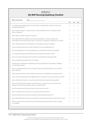 154 / MONEY TALK: A Financial Guide For Women
From the 192-page book Money Talk: A Financial Guide for Women, PALS-3
Available from PALS Publishing, www.palspublishing.com/moneytalk, Ph. 607-255-7654
EXERCISE V-3
My Will Planning/Updating Checklist
	 Where I stand today	 Date:________________________
		 Yes	 No	 N/A
Is my existing will representative of current times, including births or deaths of any of my 	 ■	 ■	 ■
intended beneficiaries?
Does it reflect changes in tax laws and not contain obsolete sections, including a former 	 ■	 ■	 ■	
state or residence?
Will I make any specific bequests to anyone? 	 ■	 ■	 ■
Have I planned for the disposition of my personal property—furniture, jewelry, and 	 ■	 ■	 ■
automobiles? (This should not be a part of a will, but on a separate list referred to in the will.)
Have I made provisions for the disposition of real estate or business interests? 	 ■	 ■	 ■
Does my will give directions for asset distribution if an heir predeceases me? 	 ■	 ■	 ■
Are trusts appropriate for certain beneficiaries, or should they receive assets outright? 	 ■	 ■	 ■
Is it necessary that particular beneficiaries be provided with periodic income? 	 ■	 ■	 ■
Does my will take advantage of the unlimited marital deduction (see page 160)? 	 ■	 ■	 ■
Have I provided for guardianship of my children? 	 ■	 ■	 ■
Should I give consideration to appointing a“financial”guardian for the children in addition 	 ■	 ■	 ■	
to a personal guardian?
Does my will specify that any minor children’s share of my estate be held in trust until they 	 ■	 ■	 ■	
reach maturity?
Does my will provide for a special needs trust to protect my disabled or incompetent heirs? 	 ■	 ■	 ■
Have I named an appropriate and capable person or institution to serve as executor or trustee? 	 ■	 ■	 ■
Have I selected and named in my will an alternate executor, trustee, and/or guardian? 	 ■	 ■	 ■
Does my will grant specific powers to the executor, as necessary, such as to retain or sell 	 ■	 ■	 ■	
property, to invest trust and estate assets, or to settle claims?
Does the ownership of my assets match the provisions of my will? 	 ■	 ■	 ■
Have I set aside an easy access account to pay my funeral expenses? 	 ■	 ■	 ■
Does my will name who will receive property if the beneficiary disclaims it? 	 ■	 ■	 ■
Have I identified where the money to pay debts and estate administrative costs will come from? 	 ■	 ■	 ■
Will my survivors have enough cash to pay ordinary family living expenses while my estate 	 ■	 ■	 ■	
is in probate?
 