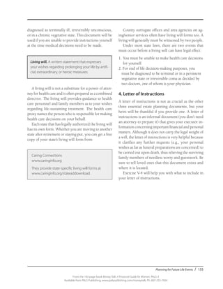 Planning for Future Life Events / 155
From the 192-page book Money Talk: A Financial Guide for Women, PALS-3
Available from PALS Publishing, www.palspublishing.com/moneytalk, Ph. 607-255-7654
diagnosed as terminally ill, irreversibly unconscious,
or in a chronic vegetative state. This document will be
used if you are unable to provide instructions yourself
at the time medical decisions need to be made.
County surrogate offices and area agencies on ag-
ing/senior services often have living will forms too. A
living will generally must be witnessed by two people.
Under most state laws, there are two events that
must occur before a living will can have legal effect:
1.	You must be unable to make health care decisions
for yourself.
2.	For end of life decision-making purposes, you 	
must be diagnosed to be terminal or in a persistent 	
vegetative state or irreversible coma as decided by
two doctors, one of whom is your physician.
4. Letter of Instructions
A letter of instructions is not as crucial as the other
three essential estate planning documents, but your
heirs will be thankful if you provide one. A letter of
instructions is an informal document (you don’t need
an attorney to prepare it) that gives your executor in-
formation concerning important financial and personal
matters. Although it does not carry the legal weight of
a will, the letter of instructions is very helpful because
it clarifies any further requests (e.g., your personal
wishes as far as funeral preparations are concerned) to
be carried out upon death, thus relieving the surviving
family members of needless worry and guesswork. Be
sure to tell loved ones that this document exists and
where it is located.
Exercise V-4 will help you with what to include in
your letter of instructions.
Living will. A written statement that expresses
your wishes regarding prolonging your life by artifi-
cial, extraordinary, or heroic measures.
A living will is not a substitute for a power of attor-
ney for health care and is often prepared as a combined
directive. The living will provides guidance to health
care personnel and family members as to your wishes
regarding life-sustaining treatment. The health care
proxy names the person who is responsible for making
health care decisions on your behalf.
Each state that has legally authorized the living will
has its own form. Whether you are moving to another
state after retirement or staying put, you can get a free
copy of your state’s living will form from:
Caring Connections
www.caringinfo.org
They provide state-specific living will forms at
www.caringinfo.org/stateaddownload.
 