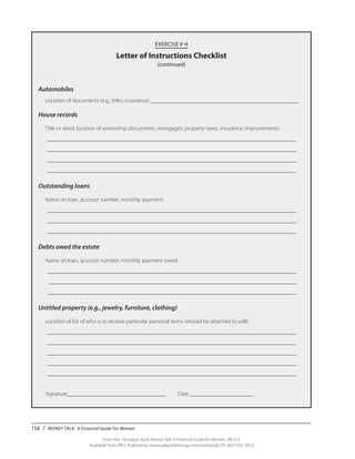 158 / MONEY TALK: A Financial Guide For Women
From the 192-page book Money Talk: A Financial Guide for Women, PALS-3
Available from PALS Publishing, www.palspublishing.com/moneytalk, Ph. 607-255-7654
Automobiles
	 Location of documents (e.g., titles, insurance): ____________________________________________________
House records
	 Title or deed, location of ownership documents, mortgages, property taxes, insurance, improvements:
_______________________________________________________________________________________
_______________________________________________________________________________________ 	
_______________________________________________________________________________________ 	
_______________________________________________________________________________________ 	
Outstanding loans
Name on loan, account number, monthly payment:
_______________________________________________________________________________________ 	
_______________________________________________________________________________________ 	
_______________________________________________________________________________________
Debts owed the estate
Name on loan, account number, monthly payment owed:
_______________________________________________________________________________________
	 _______________________________________________________________________________
	 _______________________________________________________________________________
Untitled property (e.g., jewelry, furniture, clothing)
Location of list of who is to receive particular personal items (should be attached to will):
_______________________________________________________________________________________
_______________________________________________________________________________________
_______________________________________________________________________________________
_______________________________________________________________________________________
_______________________________________________________________________________________ 	
Signature__________________________________	 Date ______________________
EXERCISE V-4
Letter of Instructions Checklist
(continued)
 