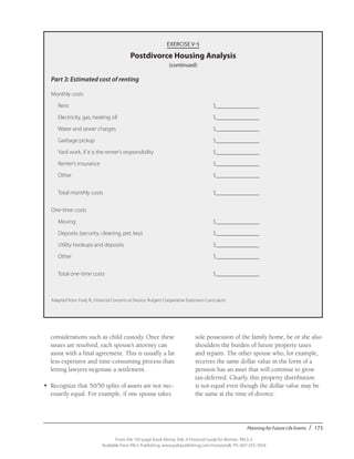Planning for Future Life Events / 173
From the 192-page book Money Talk: A Financial Guide for Women, PALS-3
Available from PALS Publishing, www.palspublishing.com/moneytalk, Ph. 607-255-7654
EXERCISE V-5
Postdivorce Housing Analysis
(continued)
Part 3: Estimated cost of renting
Monthly costs
	Rent	 $_______________
	 Electricity, gas, heating oil	 $_______________
	 Water and sewer charges	 $_______________
	 Garbage pickup	 $_______________
	 Yard work, if it is the renter’s responsibility	 $_______________
	 Renter’s insurance	 $_______________
	Other	 $_______________
	 Total monthly costs	 $_______________
One-time costs
	Moving	 $_______________
	 Deposits (security, cleaning, pet, key)	 $_______________
	 Utility hookups and deposits	 $_______________
	Other	 $_______________
	 Total one-time costs	 $_______________
	
	 Adapted from: Ford, R., Financial Concerns at Divorce. Rutgers Cooperative Extension Curriculum.
considerations such as child custody. Once these
issues are resolved, each spouse’s attorney can
assist with a final agreement. This is usually a far
less expensive and time-consuming process than
letting lawyers negotiate a settlement.
•	 Recognize that 50/50 splits of assets are not nec-
essarily equal. For example, if one spouse takes
sole possession of the family home, he or she also
shoulders the burden of future property taxes
and repairs. The other spouse who, for example,
receives the same dollar value in the form of a
pension has an asset that will continue to grow
tax-deferred. Clearly, this property distribution
is not equal even though the dollar value may be
the same at the time of divorce.
 