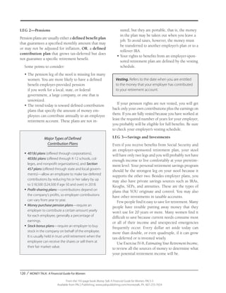 120 / MONEY TALK: A Financial Guide For Women
From the 192-page book Money Talk: A Financial Guide for Women, PALS-3
Available from PALS Publishing, www.palspublishing.com/moneytalk, Ph. 607-255-7654
LEG 2—Pensions
Pension plans are usually either a defined benefit plan
that guarantees a specified monthly amount that may
or may not be adjusted for inflation, OR, a defined
contribution plan that grows tax-deferred but does
not guarantee a specific retirement benefit.
Some points to consider:
•	The pension leg of the stool is missing for many
women. You are more likely to have a defined
benefit employer-provided pension
if you work for a local, state, or federal
government, a large company, or one that is
unionized.
•	The trend today is toward defined contribution
plans that specify the amount of money em-
ployees can contribute annually to an employee
retirement account. These plans are not in-
Major Types of Defined
Contribution Plans
•	401(k) plans (offered through corporations),
403(b) plans (offered through K-12 schools, col-
leges, and nonprofit organizations), and Section
457 plans (offered through state and local govern-
ments)—allow an employee to make tax-deferred
contributions by reducing his or her salary by up
to $18,500 ($24,500 if age 50 and over) in 2018.
•	Profit-sharing plans—contributions depend on
the company’s profits, so employer contributions
can vary from year to year.
•	Money purchase pension plans—require an
employer to contribute a certain amount yearly
for each employee, generally a percentage of
earnings.
•	Stock bonus plans—require an employer to buy
stock in the company on behalf of the employee.
It is usually held in trust until retirement when the
employee can receive the shares or sell them at
their fair market value.
sured, but they are portable, that is, the money
in the plan may be taken out when you leave a
job. To avoid taxes, however, the money must
be transferred to another employer’s plan or to a
rollover IRA.
•	Your rights to benefits from an employer-spon-
sored retirement plan are defined by the vesting
schedule.
Vesting. Refers to the date when you are entitled
to the money that your employer has contributed
to your retirement account.
If your pension rights are not vested, you will get
back only your own contributions plus the earnings on
them. If you are fully vested because you have worked at
least the required number of years for your employer,
you probably will be eligible for full benefits. Be sure
to check your employer’s vesting schedule.
LEG 3—Savings and Investments
Even if you receive benefits from Social Security and
an employer-sponsored retirement plan, your stool
will have only two legs and you will probably not have
enough income to live comfortably at your preretire-
ment level. Your personal retirement savings program
should be the strongest leg on your stool because it
supports the other two. Besides employer plans, you
may also have private savings sources such as IRAs,
Keoghs, SEPs, and annuities. These are the types of
plans that YOU originate and control. You may also
have other investments in taxable accounts.
Few people find it easy to save for retirement. Many
people have trouble putting away money that they
won’t use for 20 years or more. Many women find it
difficult to save because current needs consume most
or all of their income and unexpected emergencies
frequently occur. Every dollar set aside today can
more than double, or even quadruple, if it can grow
tax-deferred or is invested wisely.
Use Exercise IV-8, Estimating Your Retirement Income,
to review all the sources of money to determine what
your potential retirement income will be.
 