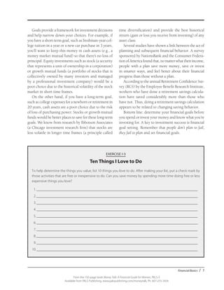Financial Basics / 7
From the 192-page book Money Talk: A Financial Guide for Women, PALS-3
Available from PALS Publishing, www.palspublishing.com/moneytalk, Ph. 607-255-7654
Goals provide a framework for investment decisions
and help narrow down your choices. For example, if
you have a short-term goal, such as freshman-year col-
lege tuition in a year or a new car purchase in 3 years,
you’ll want to keep this money in cash assets (e.g., a
money market mutual fund) so that there’s no loss of
principal. Equity investments such as stock (a security
that represents a unit of ownership in a corporation)
or growth mutual funds (a portfolio of stocks that is
collectively owned by many investors and managed
by a professional investment company) would be a
poor choice due to the historical volatility of the stock
market in short time frames.
On the other hand, if you have a long-term goal,
such as college expenses for a newborn or retirement in
20 years, cash assets are a poor choice due to the risk
of loss of purchasing power. Stocks or growth mutual
funds would be better places to save for these long-term
goals. We know from research by Ibbotson Associates
(a Chicago investment research firm) that stocks are
less volatile in longer time frames (a principle called
time diversification) and provide the best historical
return (gain or loss you receive from investing) of any
asset class.
Several studies have shown a link between the act of
planning and subsequent financial behavior. A survey
sponsored by NationsBank and the Consumer Federa-
tion of America found that, no matter what their income,
people with a plan save more money, save or invest
in smarter ways, and feel better about their financial
progress than those without a plan.
According to the annual Retirement Confidence Sur-
vey (RCS) by the Employee Benefit Research Institute,
workers who have done a retirement savings calcula-
tion have saved considerably more than those who
have not. Thus, doing a retirement savings calculation
appears to be related to changing saving behavior.
Bottom line: determine your financial goals before
you spend or invest your money and know what you’re
investing for. A key to investment success is financial
goal setting. Remember that people don’t plan to fail,
they fail to plan and set financial goals.
EXERCISE I-3
Ten Things I Love to Do
To help determine the things you value, list 10 things you love to do. After making your list, put a check mark by
those activities that are free or inexpensive to do. Can you save money by spending more time doing free or less
expensive things you love?
	 1._________________________________________________________________________________________
	2._________________________________________________________________________________________
	3._________________________________________________________________________________________
	4._________________________________________________________________________________________
	5._________________________________________________________________________________________
	6._________________________________________________________________________________________
	7._________________________________________________________________________________________
	8._________________________________________________________________________________________
	9._________________________________________________________________________________________
	10._________________________________________________________________________________________ 	
 