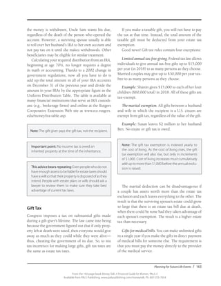 Planning for Future Life Events / 163
From the 192-page book Money Talk: A Financial Guide for Women, PALS-3
Available from PALS Publishing, www.palspublishing.com/moneytalk, Ph. 607-255-7654
the money is withdrawn, Uncle Sam wants his due,
regardless of the death of the person who opened the
account. However, a surviving spouse usually is able
to roll over her husband’s IRA to her own account and
not pay tax on it until she makes withdrawals. Other
beneficiaries may be eligible for similar treatment.
Calculating your required distribution from an IRA,
beginning at age 701/2, no longer requires a degree
in math or accounting. Thanks to a 2002 change in
government regulations, now all you have to do is
add up the total amount in all of your IRA accounts
on December 31 of the previous year and divide the
amount in your IRAs by the appropriate figure in the
Uniform Distribution Table. The table is available at
many financial institutions that serve as IRA custodi-
ans (e.g., brokerage firms) and online at the Rutgers
Cooperative Extension Web site at www.rce.rutgers.
edu/money/ira-table.asp.
If you make a taxable gift, you will not have to pay
the tax at that time. Instead, the total amount of the
taxable gift must be deducted from your estate tax
exemption.
Good news! Gift tax rules contain four exceptions:
Limited annual tax-free giving. Federal tax law allows
individuals to give annual tax-free gifts up to $15,000
per year (in 2018) to as many persons as they choose.
Married couples may give up to $30,000 per year tax-
free to as many persons as they choose.
Example: Sharon gives $15,000 to each of her four
children ($60,000 total) in 2018. All of these gifts are
tax-exempt.
The marital exemption. All gifts between a husband
and wife in which the recipient is a U.S. citizen are
exempt from gift tax, regardless of the value of the gift.
Example: Susan leaves $2 million to her husband
Ben. No estate or gift tax is owed.
Important point: No income tax is owed on
inherited property at the time of the inheritance.
Thisadvicebearsrepeating: Even people who do not
have enough assets to be liable for estate taxes should
have a will so that their property is disposed of as they
intend. People with estate plans or wills should ask a
lawyer to review them to make sure they take best
advantage of current tax laws.
Note: The gift giver pays the gift tax, not the recipient.
Gift Tax
Congress imposes a tax on substantial gifts made
during a gift-giver’s lifetime. The law came into being
because the government figured out that if only prop-
erty left at death were taxed, then everyone would give
away as much as they could while they were alive—
thus, cheating the government of its due. So, to nix
tax incentives for making large gifts, gift tax rates are
the same as estate tax rates.
Note: The gift tax exemption is indexed yearly to
the cost of living. As the cost of living rises, the gift
tax exemption will also rise, but only in increments
of $1,000. Cost of living increases must cumulatively
add up to more than $1,000 before the annual exclu-
sion is raised.
The marital deduction can be disadvantageous if
a couple has assets worth more than the estate tax
exclusion and each leaves everything to the other. The
result is that the surviving spouse’s estate could grow
so large that there is an estate tax bill due at death,
when there could be none had they taken advantage of
each spouse’s exemption. The result is a higher estate
tax than necessary.
Gifts for medical bills. You can make unlimited gifts
in a single year if you make the gifts in direct payment
of medical bills for someone else. The requirement is
that you must pay the money directly to the provider
of the medical service.
 