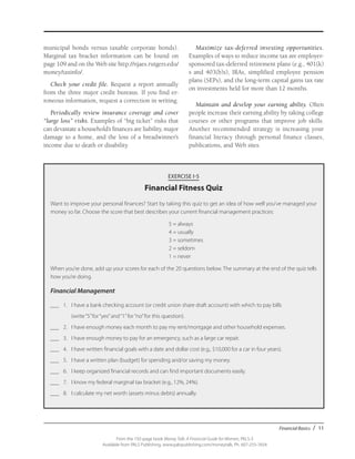 Financial Basics / 11
From the 192-page book Money Talk: A Financial Guide for Women, PALS-3
Available from PALS Publishing, www.palspublishing.com/moneytalk, Ph. 607-255-7654
municipal bonds versus taxable corporate bonds).
Marginal tax bracket information can be found on
page 109 and on the Web site http://njaes.rutgers.edu/
money/taxinfo/.
Check your credit file. Request a report annually
from the three major credit bureaus. If you find er-
roneous information, request a correction in writing.
Periodically review insurance coverage and cover
“large loss” risks. Examples of “big ticket” risks that
can devastate a household’s finances are liability, major
damage to a home, and the loss of a breadwinner’s
income due to death or disability.
Maximize tax-deferred investing opportunities.
Examples of ways to reduce income tax are employer-
sponsored tax-deferred retirement plans (e.g., 401(k)
s and 403(b)s), IRAs, simplified employee pension
plans (SEPs), and the long-term capital gains tax rate
on investments held for more than 12 months.
Maintain and develop your earning ability. Often
people increase their earning ability by taking college
courses or other programs that improve job skills.
Another recommended strategy is increasing your
financial literacy through personal finance classes,
publications, and Web sites.
EXERCISE I-5
Financial Fitness Quiz
Want to improve your personal finances? Start by taking this quiz to get an idea of how well you’ve managed your
money so far. Choose the score that best describes your current financial management practices:
	 5 = always
	 4 = usually
	 3 = sometimes
	 2 = seldom
	 1 = never
When you’re done, add up your scores for each of the 20 questions below. The summary at the end of the quiz tells
how you’re doing.
Financial Management
___	 1.	 I have a bank checking account (or credit union share draft account) with which to pay bills
		 (write“5”for“yes”and“1”for“no”for this question).
___	 2.	 I have enough money each month to pay my rent/mortgage and other household expenses.
___	 3.	 I have enough money to pay for an emergency, such as a large car repair.
___	 4.	 I have written financial goals with a date and dollar cost (e.g., $10,000 for a car in four years).
___	 5.	 I have a written plan (budget) for spending and/or saving my money.
___	 6.	 I keep organized financial records and can find important documents easily.
___	 7.	 I know my federal marginal tax bracket (e.g., 12%, 24%).
___	 8.	 I calculate my net worth (assets minus debts) annually.
 