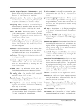 Appendix: Action Steps / 185
From the 192-page book Money Talk: A Financial Guide for Women, PALS-3
Available from PALS Publishing, www.palspublishing.com/moneytalk, Ph. 607-255-7654
durable power of attorney (health care) – Legal
document that authorizes someone to make medical
decisions for you when you are unable to.
elimination period – The number of days, starting
from the date of an insurable event, before benefits
are paid on certain kinds of insurance policies.
emergency fund – Savings set aside specifically to
meet emergencies or unanticipated bills or to cover
monthly living expenses if your paycheck stops.
equity investing – Becoming an owner or partial
owner of a company or a piece of property through
the purchase of investments such as stock, growth
mutual funds, and real estate.
estate planning – The process of organizing your
financial and personal assets for use during your
lifetime and distribution after death in accordance
with prevailing laws.
estate tax – Federal tax imposed on the transfer of as-
sets from one person to another at the time of death.
It is based on the value of the decedent’s assets.
exclusions – A description of risks that are not covered
by an insurance policy.
executor – A personal representative of an estate
holder, named in a will, who sees to the financial
affairs and the distribution of property after the
estate holder’s death.
expense ratio – The percentage of fund assets de-
ducted for management and operating expenses.
fair market value – The value for which you could
reasonably expect to sell an item.
fee-only planner – Financial planners who are com-
pensated only from client fees.
fixed expenses – Costs such as housing, car loan
payments, and insurance premiums that don’t vary
much or at all over time.
fixed-income investments – Investments such as
long-term corporate bonds, Treasury notes and bills,
CDs, and money market mutual funds.
flexible expenses – Household expenses such as food,
transportation, and gifts that vary from month to
month.
generation-skipping trust (GST) – A trust set up
for the benefit of grandchildren, through which
the grandchildren’s parents often earn income. At
their death, the trust principal is divided among
the grandchildren.
gift tax – A tax imposed by the federal government
on the giver of substantial gifts made during his or
her lifetime.
Ginnie Mae (GNMA) fund – Mortgage-backed secu-
rity issued by the Government National Mortgage
Association.
guaranteed renewable – An insurance policy that will
continue for life or until a certain specified age, as-
suming no lapse in premium payments. Premiums
will not increase unless they are raised for everyone
with the same type of policy.
index fund – A type of mutual fund that aims to match
a particular stock or bond index by investing in the
securities found in the index.
individual retirement account (IRA) – A retirement
savings plan that allows individuals to save for
retirement on a tax-deferred basis. The amount of
savings that is tax deductible varies according to an
individual’s access to employer pension coverage,
income tax filing status, household income, age,
and the type of IRA that is selected.
inflation – Increase in the cost of goods and services.
inflation risk – Refers to a loss of buying power that
can occur if the rate of inflation is higher than the
rate of return on an investment.
insurance – A guarantee against risk of loss or harm
in consideration of a payment proportioned to the
risk involved (premium).
inter vivos trust – See “living trust.”
interest rate risk – The risk that the value of fixed in-
come securities will decline when interest rates rise.
 