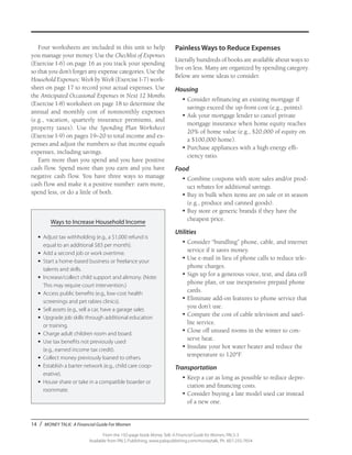 14 / MONEY TALK: A Financial Guide For Women
From the 192-page book Money Talk: A Financial Guide for Women, PALS-3
Available from PALS Publishing, www.palspublishing.com/moneytalk, Ph. 607-255-7654
Four worksheets are included in this unit to help
you manage your money. Use the Checklist of Expenses
(Exercise I-6) on page 16 as you track your spending
so that you don’t forget any expense categories. Use the
Household Expenses: Week by Week (Exercise I-7) work-
sheet on page 17 to record your actual expenses. Use
the Anticipated Occasional Expenses in Next 12 Months
(Exercise I-8) worksheet on page 18 to determine the
annual and monthly cost of nonmonthly expenses
(e.g., vacation, quarterly insurance premiums, and
property taxes). Use the Spending Plan Worksheet
(Exercise I-9) on pages 19–20 to total income and ex-
penses and adjust the numbers so that income equals
expenses, including savings.
Earn more than you spend and you have positive
cash flow. Spend more than you earn and you have
negative cash flow. You have three ways to manage
cash flow and make it a positive number: earn more,
spend less, or do a little of both.
Painless Ways to Reduce Expenses
Literally hundreds of books are available about ways to
live on less. Many are organized by spending category.
Below are some ideas to consider.
Housing
•	Consider refinancing an existing mortgage if
savings exceed the up-front cost (e.g., points).
•	Ask your mortgage lender to cancel private
mortgage insurance when home equity reaches
20% of home value (e.g., $20,000 of equity on
a $100,000 home).
•	Purchase appliances with a high energy effi-
ciency ratio.
Food
•	Combine coupons with store sales and/or prod-
uct rebates for additional savings.
•	Buy in bulk when items are on sale or in season
(e.g., produce and canned goods).
•	Buy store or generic brands if they have the
cheapest price.
Utilities
•	Consider “bundling” phone, cable, and internet
service if it saves money.
•	Use e-mail in lieu of phone calls to reduce tele-
phone charges.
•	Sign up for a generous voice, text, and data cell
phone plan, or use inexpensive prepaid phone
cards.
•	Eliminate add-on features to phone service that
you don’t use.
•	Compare the cost of cable television and satel-
lite service.
•	Close off unused rooms in the winter to con-
serve heat.
•	Insulate your hot water heater and reduce the
temperature to 120°F.
Transportation
•	Keep a car as long as possible to reduce depre-
ciation and financing costs.
•	Consider buying a late model used car instead
of a new one.
Ways to Increase Household Income
•	 Adjust tax withholding (e.g., a $1,000 refund is
equal to an additional $83 per month).
•	 Add a second job or work overtime.
•	 Start a home-based business or freelance your
talents and skills.
•	 Increase/collect child support and alimony. (Note:
This may require court intervention.)
•	 Access public benefits (e.g., low-cost health
screenings and pet rabies clinics).
•	 Sell assets (e.g., sell a car, have a garage sale).
•	 Upgrade job skills through additional education
or training.
•	 Charge adult children room and board.
•	 Use tax benefits not previously used
(e.g., earned income tax credit).
•	 Collect money previously loaned to others.
•	 Establish a barter network (e.g., child care coop-
erative).
•	 House share or take in a compatible boarder or
roommate.
 