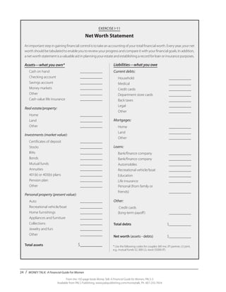 24 / MONEY TALK: A Financial Guide For Women
From the 192-page book Money Talk: A Financial Guide for Women, PALS-3
Available from PALS Publishing, www.palspublishing.com/moneytalk, Ph. 607-255-7654
EXERCISE I-11
Net Worth Statement
An important step in gaining financial control is to take an accounting of your total financial worth. Every year, your net
worth should be tabulated to enable you to review your progress and compare it with your financial goals. In addition,
a net worth statement is a valuable aid in planning your estate and establishing a record for loan or insurance purposes.
Assets—what you own*
	 Cash on hand	 ____________
	 Checking account 	 ____________
	 Savings account	 ____________
	 Money markets	 ____________
	Other	 ____________
	 Cash value life insurance 	 ____________
Real estate/property:
	Home	 ____________
	Land	 ____________
	Other	 ____________
Investments (market value):
	 Certificates of deposit 	 ____________
	Stocks	 ____________
	IRAs	 ____________
	Bonds	 ____________
	 Mutual funds	 ____________
	Annuities	 ____________
	 401(k) or 403(b) plans 	 ____________
	 Pension plan 	 ____________
	Other	 ____________
Personal property (present value):
	Auto	 ____________
	 Recreational vehicle/boat	 ____________
	 Home furnishings 	 ____________
	 Appliances and furniture 	 ____________
	Collections	 ____________
	 Jewelry and furs 	 ____________
	Other	 ____________
	
Total assets	 $__________
Liabilities—what you owe
Current debts:
	 Household	 ____________
	Medical	 ____________
	 Credit cards 	 ____________
	 Department store cards 	 ____________
	 Back taxes	 ____________
	Legal	 ____________
	Other	 ____________
Mortgages:
	Home	 ____________
	Land	 ____________
	Other	 ____________
Loans:
	 Bank/finance company 	 ____________
	 Bank/finance company 	 ____________
	 Automobiles 	 ____________
	 Recreational vehicle/boat 	 ____________
	Education	 ____________
	 Life insurance	 ____________		
	 Personal (from family or
	friends)	 ____________
Other:	
	 Credit cards
	 (long-term payoff)	 ____________
Total debts 	$____________
	
Net worth (assets - debts)	$____________
* Use the following codes for couples: (M) me, (P) partner, (J) joint,
e.g., mutual funds $2, 000 (J), stock $5000 (P).
 