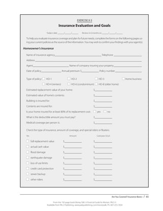 Are You Covered? Insurance Basics / 65
From the 192-page book Money Talk: A Financial Guide for Women, PALS-3
Available from PALS Publishing, www.palspublishing.com/moneytalk, Ph. 607-255-7654
EXERCISE II-3
Insurance Evaluation and Goals
	 Today’s date ______/______/______ Review in 6 months on ______/______/______
Tohelpyouevaluateinsurancecoverageandplanforfutureneeds,completetheformsonthefollowingpagesus-
ingyourcurrentpoliciesasthesourceoftheinformation.Youmaywishtoconfirmyourfindingswithyouragent(s).
Homeowner’s Insurance
Name of insurance agency___________________________________ Telephone______________________
Address_________________________________________________________________________________
Agent___________________________ Name of company insuring your property______________________
Date of policy_______________ Annual premium $_____________ Policy number_____________________
Type of policy:	■ HO-1	 ■ HO-2	 ■ HO-3	 ■ Home business
	 ■ HO-4 (renters)	 ■ HO-6 (condominium)	 ■ HO-8 (older home)
Estimated replacement value of your home:	 $_____________	
Estimated value of home’s contents:	 $_____________
Building is insured for:		 $_____________	
Contents are insured for: 		 $_____________
Is your home insured for at least 80% of its replacement cost:	 ■ yes ■ no	
What is the deductible amount you must pay?	 $_____________
Medical coverage per person is:		 $_____________
Check the type of insurance, amount of coverage, and special riders or floaters.
Yes	 Amount 	 Cost/year ($/yr)
■ 	 full replacement value	 $_____________	 $_____________
■	 actual cash value	 $_____________	 $_____________
■	 flood damage	 $_____________	 $_____________
■	 earthquake damage	 $_____________	 $_____________
■	 loss of use limits	 $_____________	 $_____________
■	 credit card protection	 $_____________	 $_____________
■	 sewer backup	 $_____________	 $_____________
■	 other riders	 $_____________	 $_____________
 